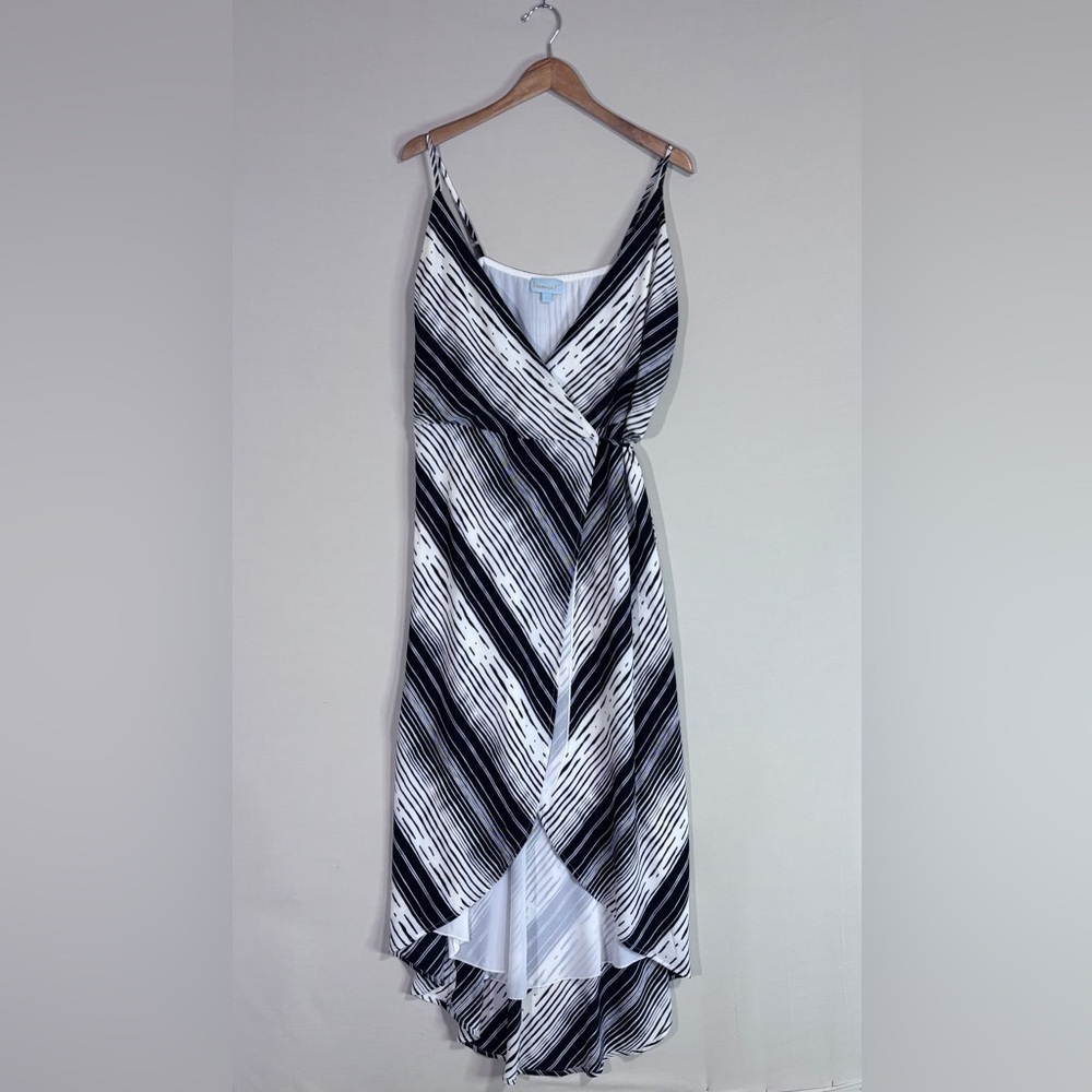 Veronica M Wrap Midi Dress Black White Stripe Hi Low Flowy Chic